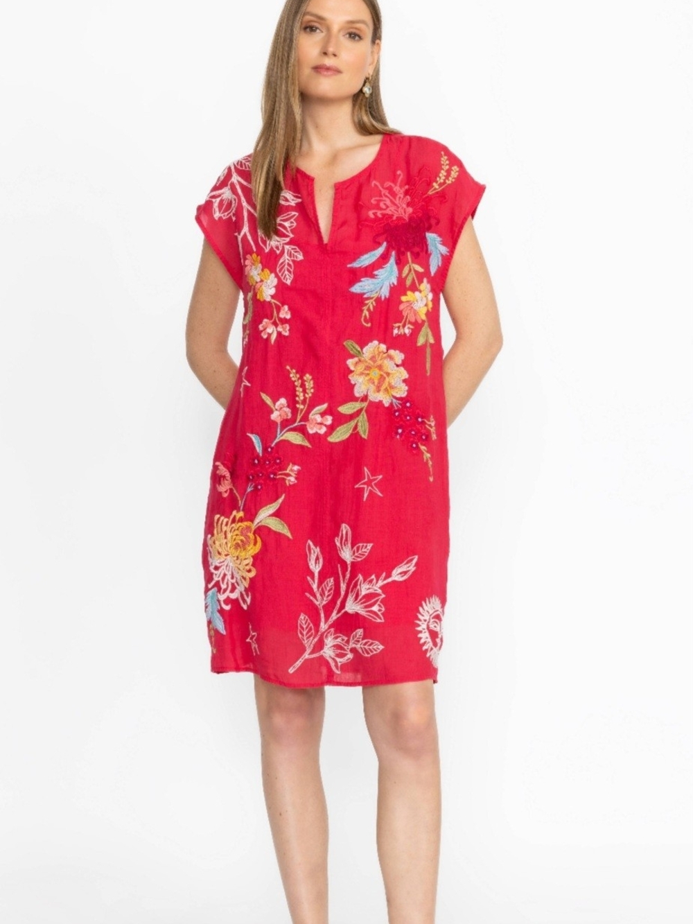 Johnny Was Playa Pink Embroidered Ramie Floral Boho Shift Dress Sz XS